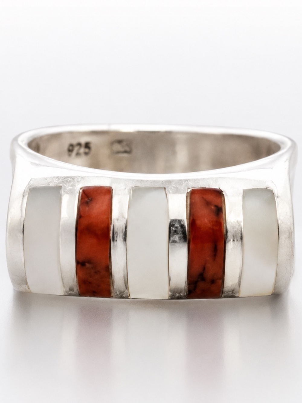 Vintage Sterling Silver 925 Zuni Style Shell Coral Inlay Band Ring
